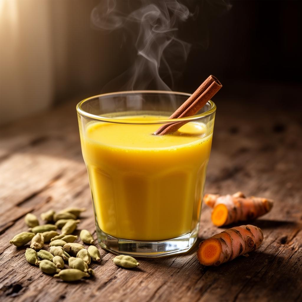 Warm golden turmeric milk in a glass with cinnamon and cardamom
